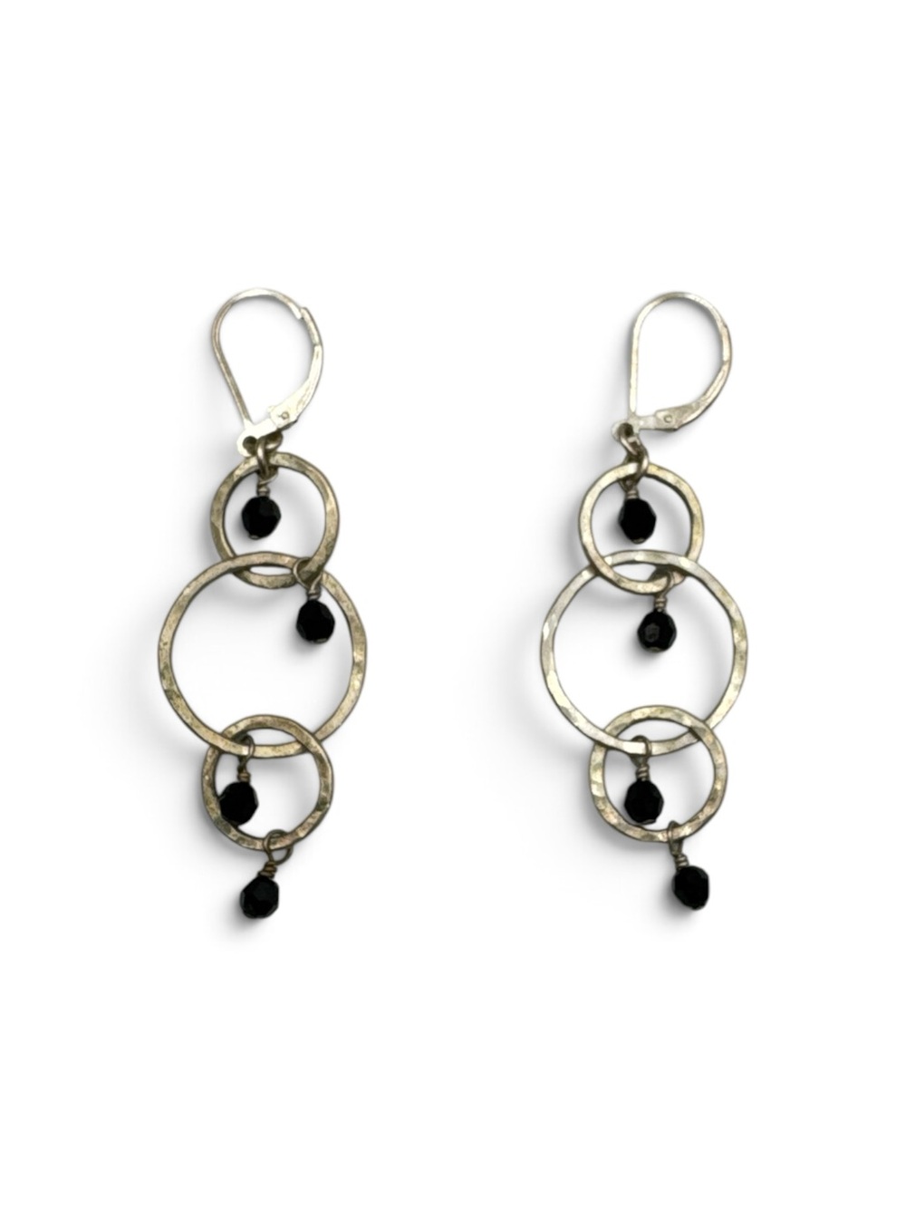 Vintage Czech Black Glass Sterling Silver Triple Hoop Dangle Earrings 2.75”